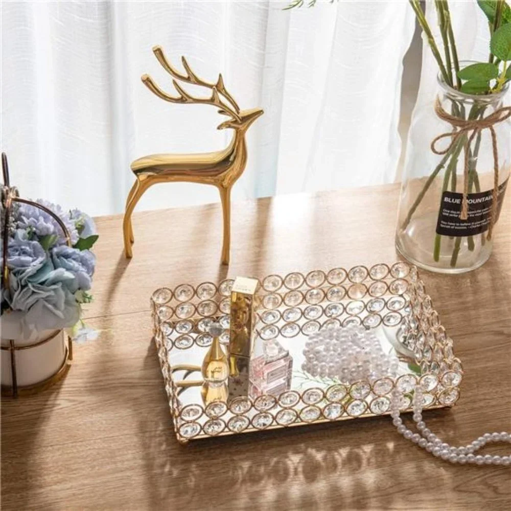 Crystal Mirrored Cosmetic Tray Vanity Rectangle Jewelry Trinket Organizer Tray
